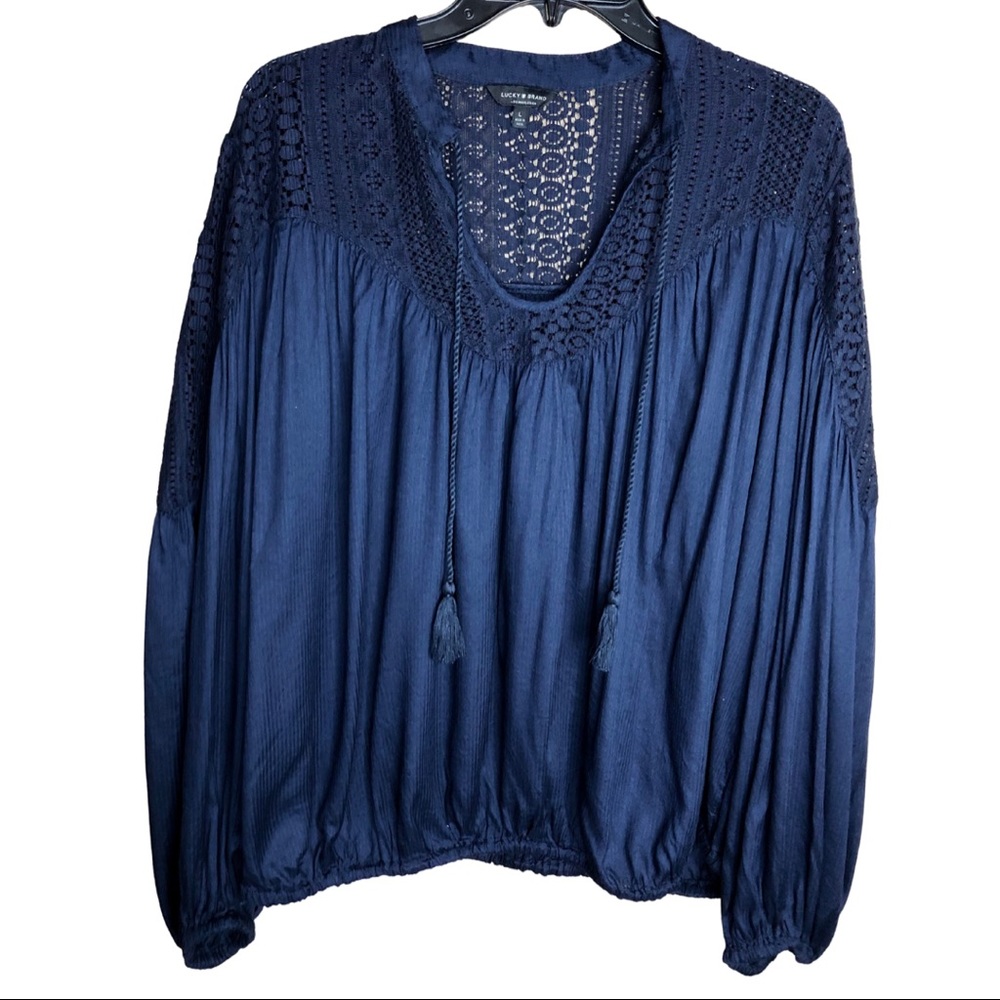 Lucky Brand navy blue peasant top with lace detail